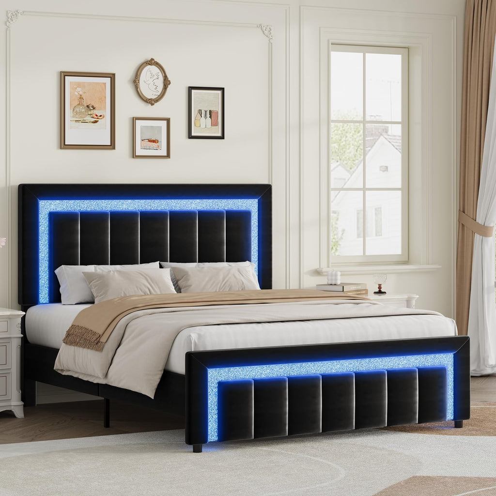 Full Size Velvet Upholstered Bed Frame with LED Lights J936