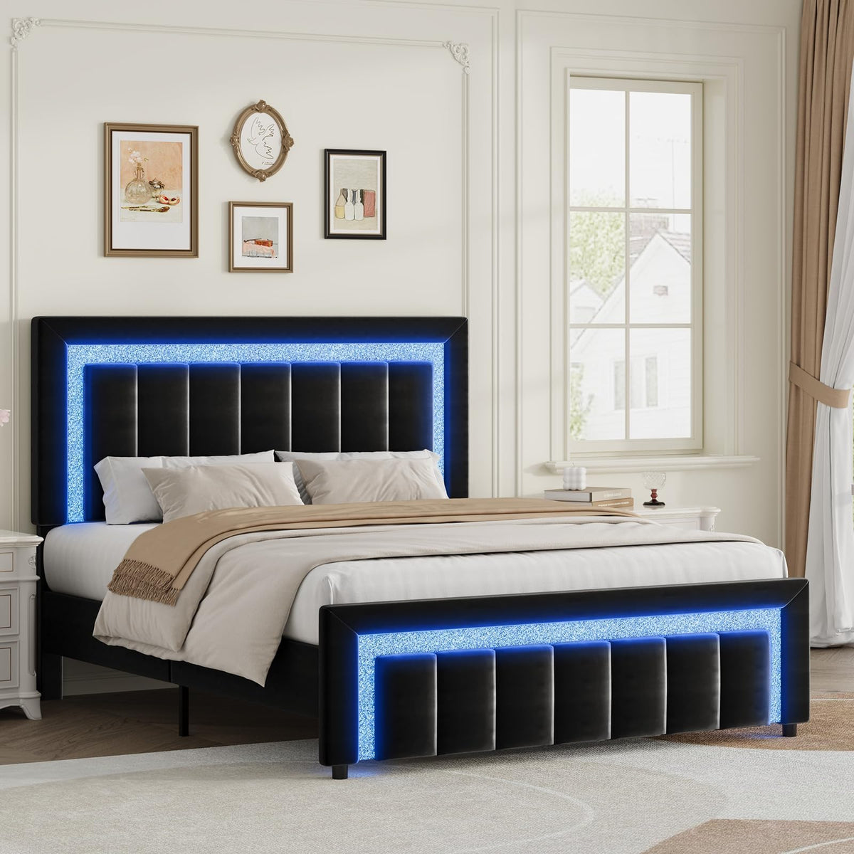 Full Size Velvet Upholstered Bed Frame with LED Lights J936