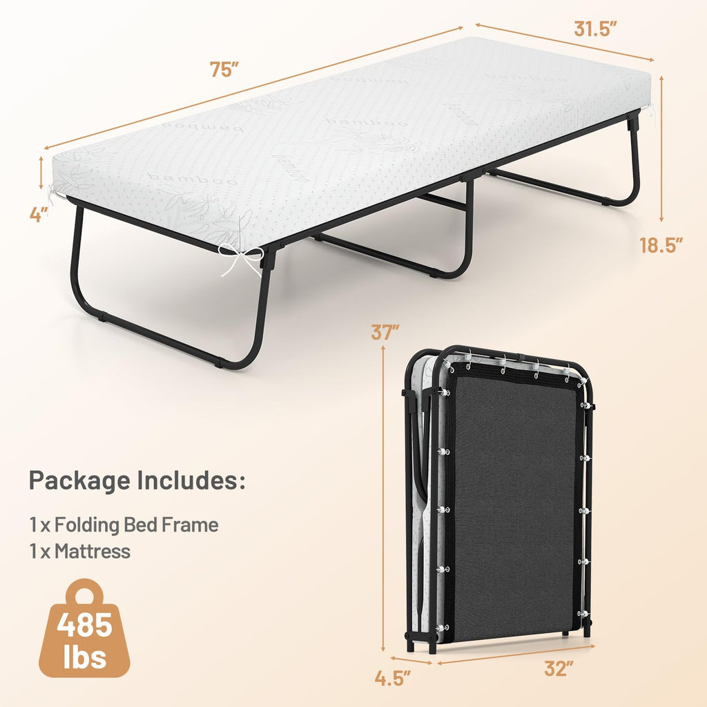 Folding Bed with Mattress Cot Size 75” x 31” Memory Foam Metal Frame Y416
