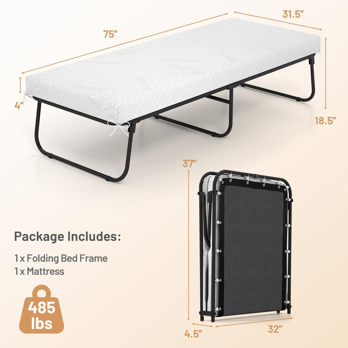 Folding Bed with Mattress Cot Size 75” x 31” Memory Foam Metal Frame Y416