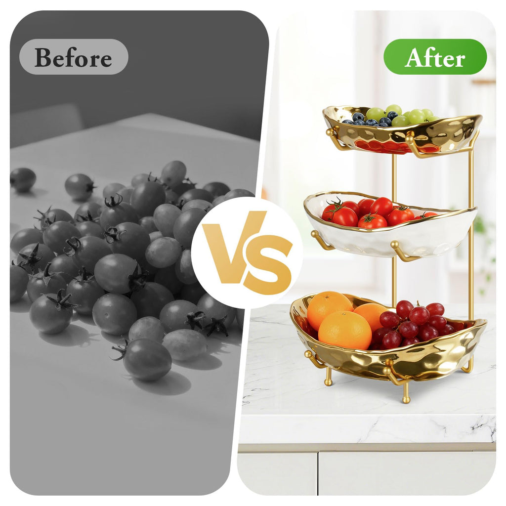 3 Tier Ceramic Fruit Bowl with Metal Stand O18315