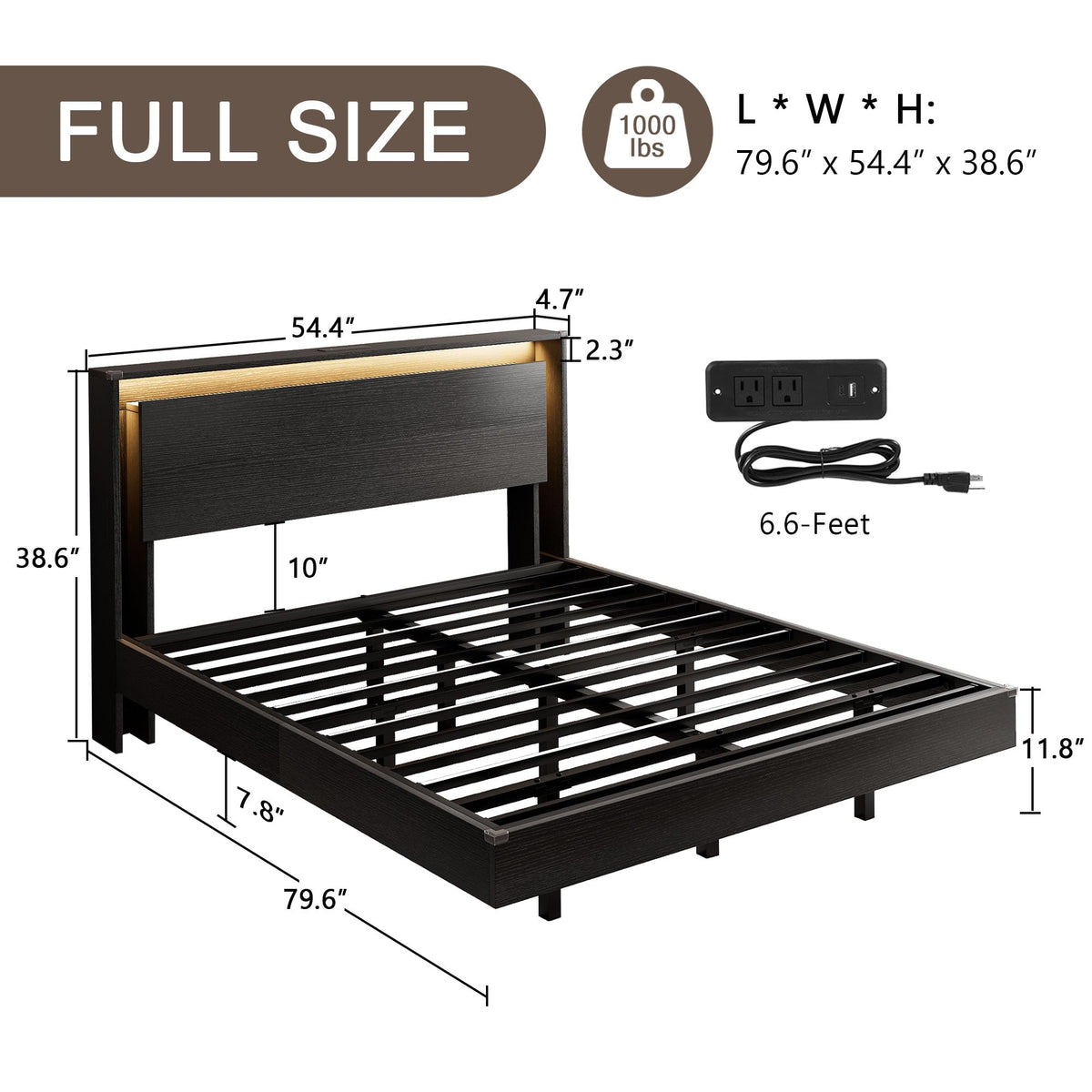 Full Size Wood Bed Frame with Storage Headboard and LED Lights I26231