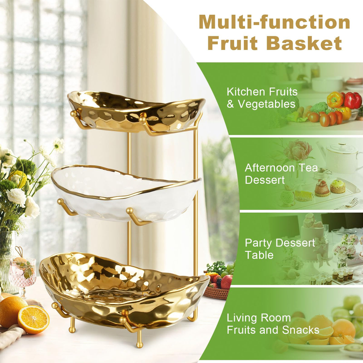 3 Tier Ceramic Fruit Bowl with Metal Stand O18315