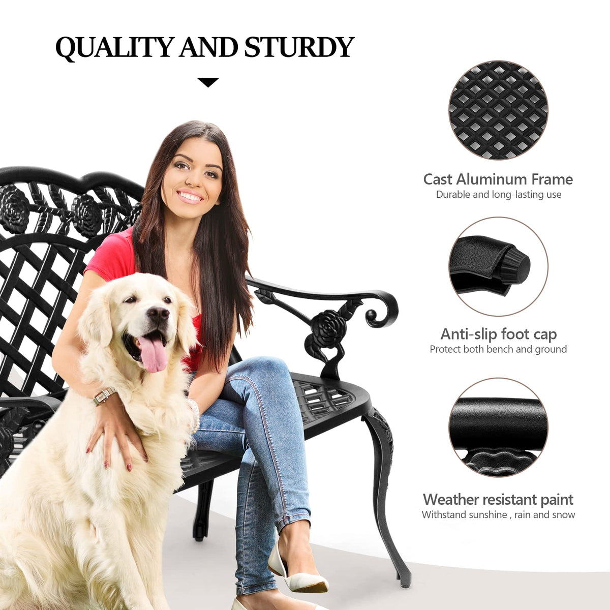 42.5" Black Cast Aluminum Outdoor Bench T1217