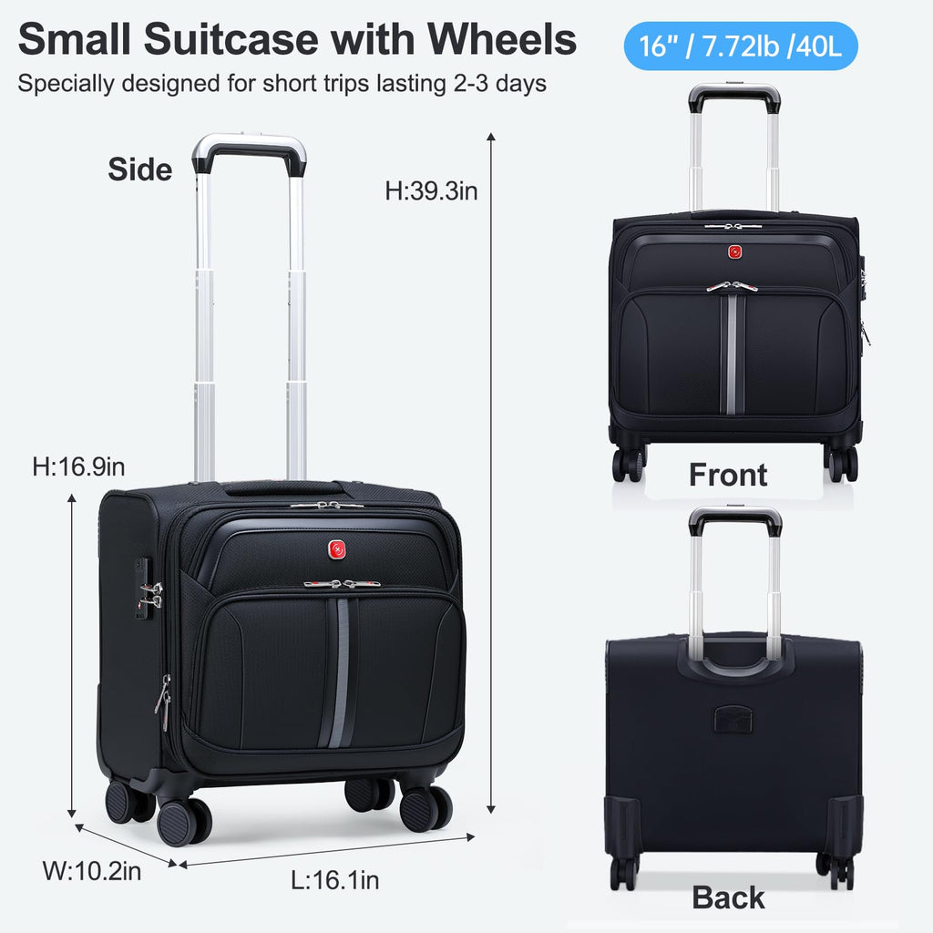 Black 16-Inch Underseat Carry-On Luggage with 4 Spinner Wheels D2322