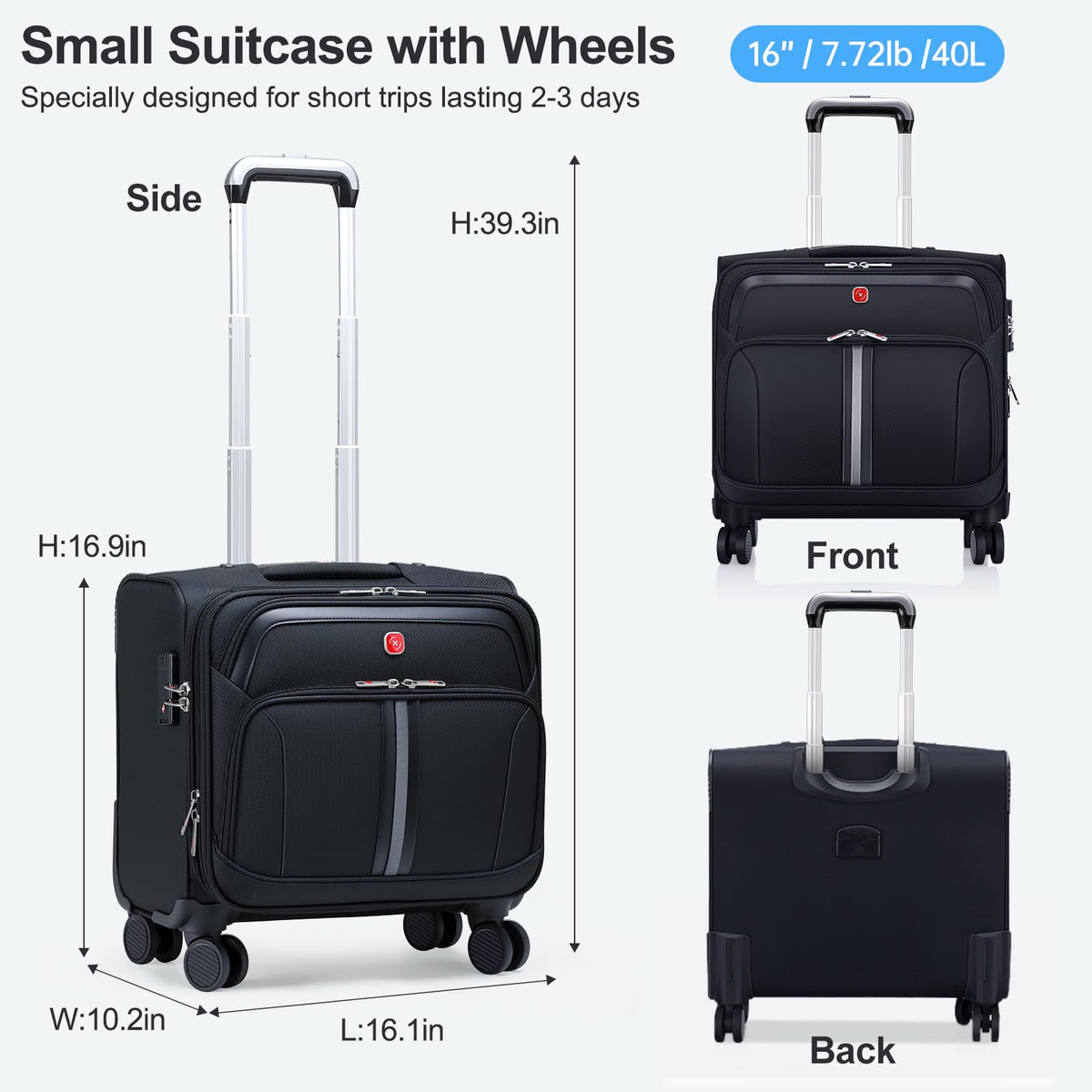 Black 16-Inch Underseat Carry-On Luggage with 4 Spinner Wheels D2322