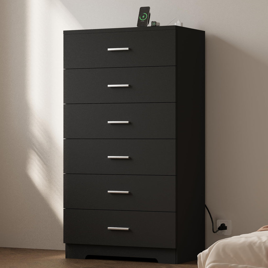 Black 6 Drawer Wood Dresser with Power Outlets O849