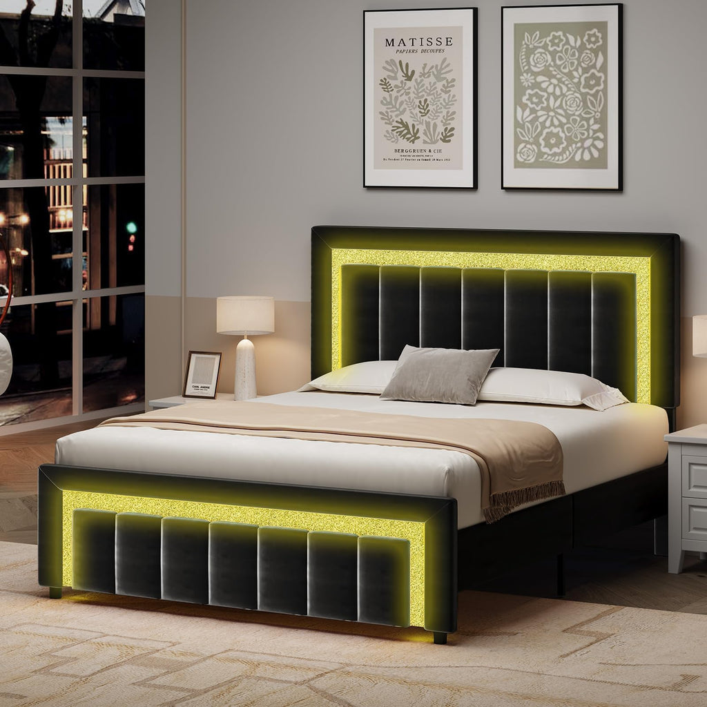 Full Size Velvet Upholstered Bed Frame with LED Lights J936
