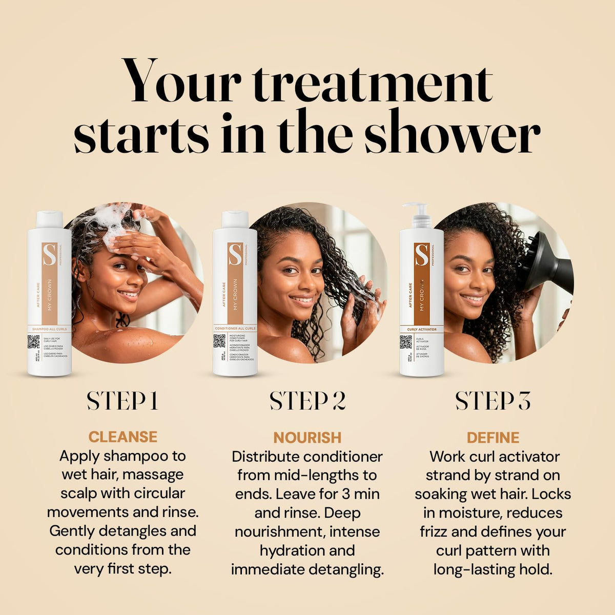 Curly Hair Shampoo Conditioner & Curl Cream Kit, 3x16.9oz R8631
