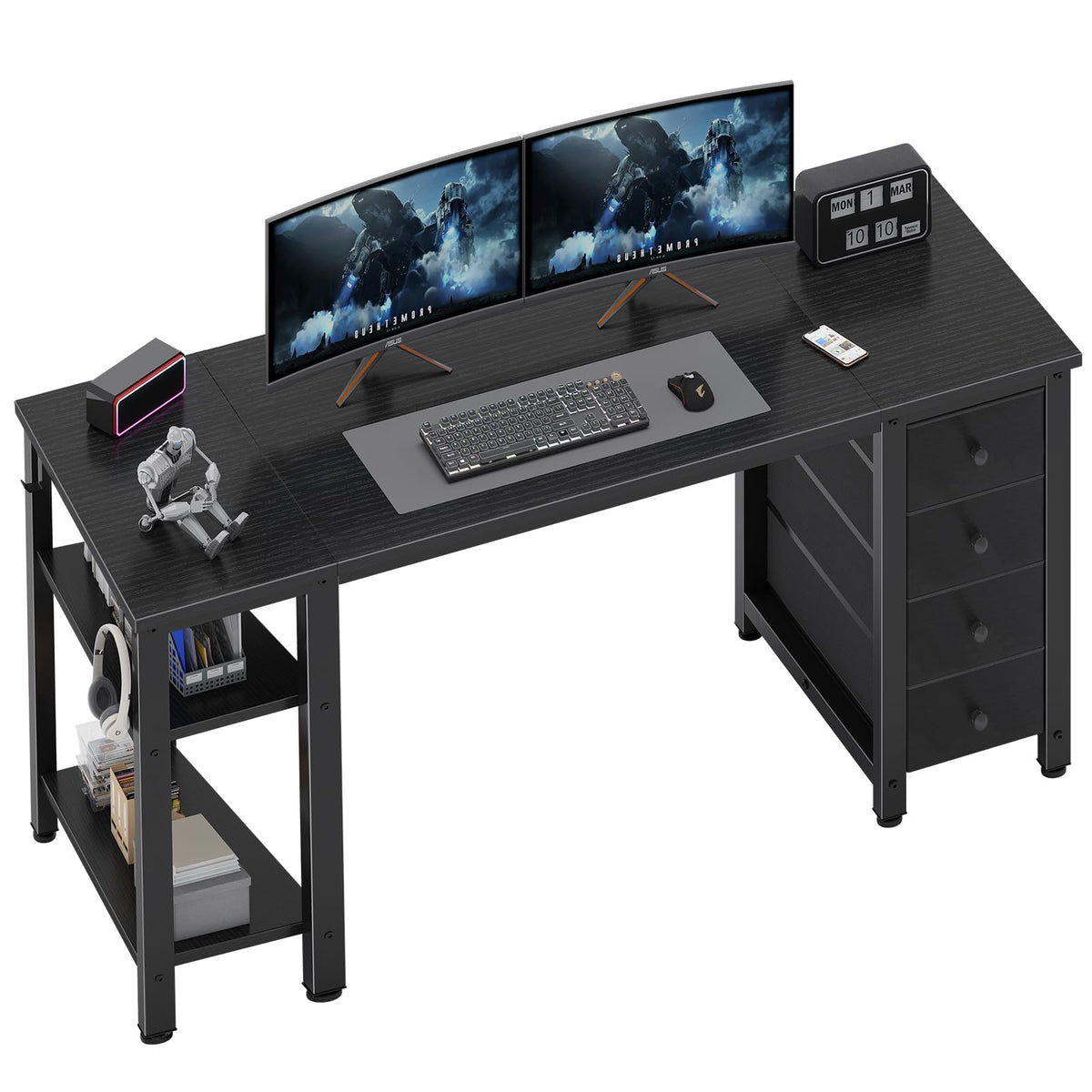 Black 55 inch Gaming Desk with 4 Drawers and Shelves A594221