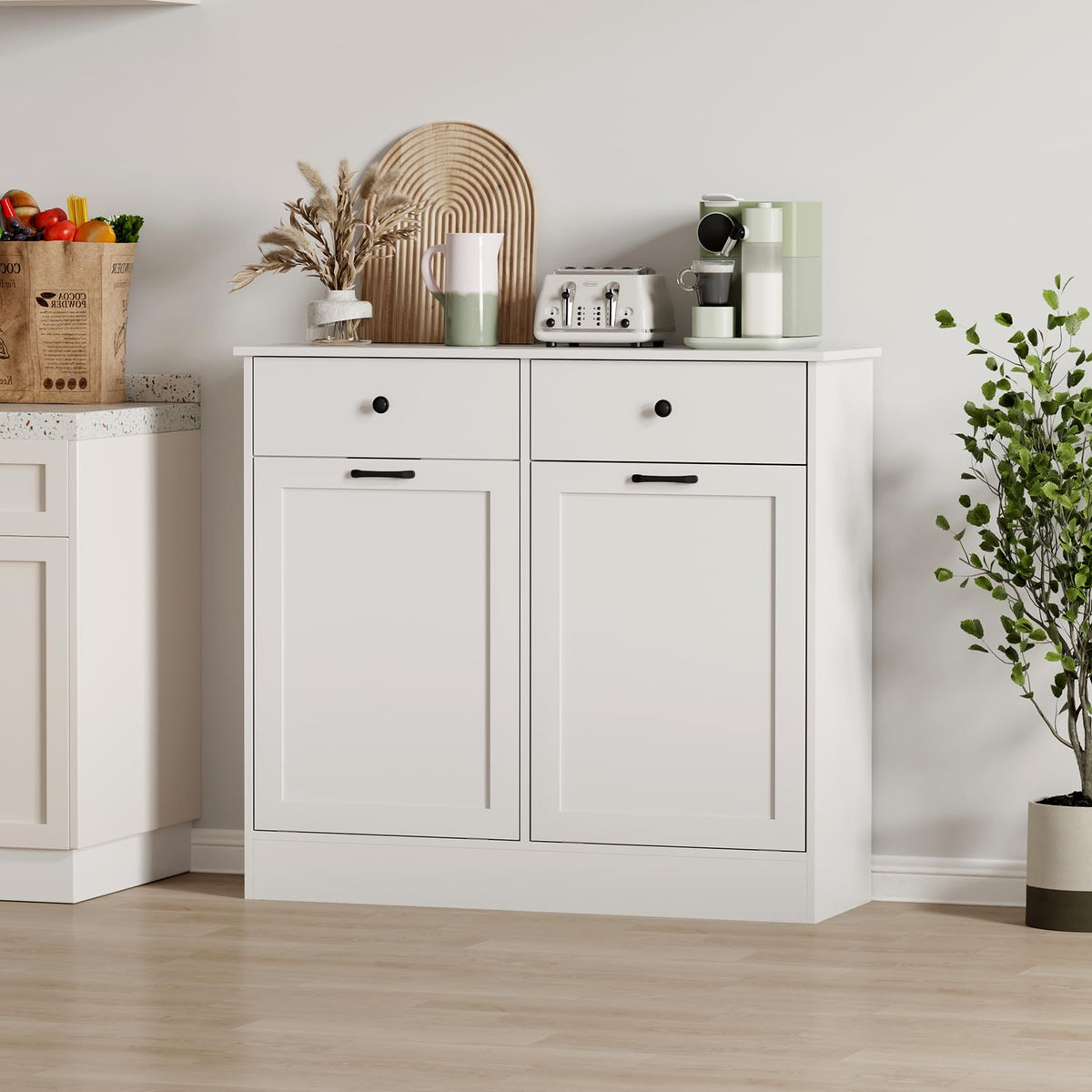 White 20-Gallon Wooden Tilt-Out Trash Can Cabinet P8191