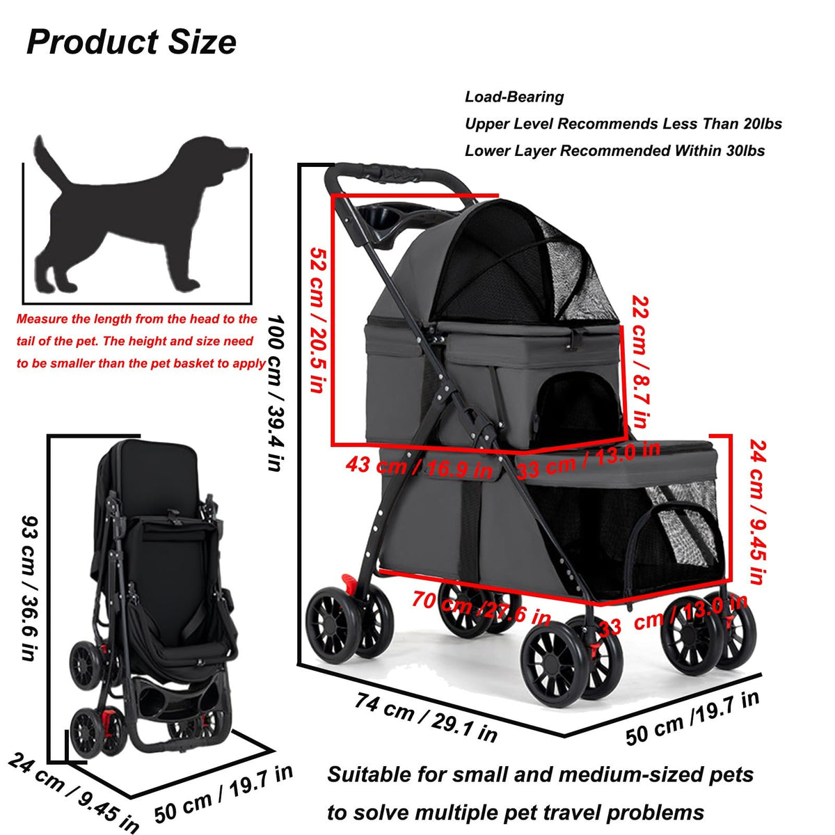Double Dog Stroller for Medium Small Dogs and Cats W9467