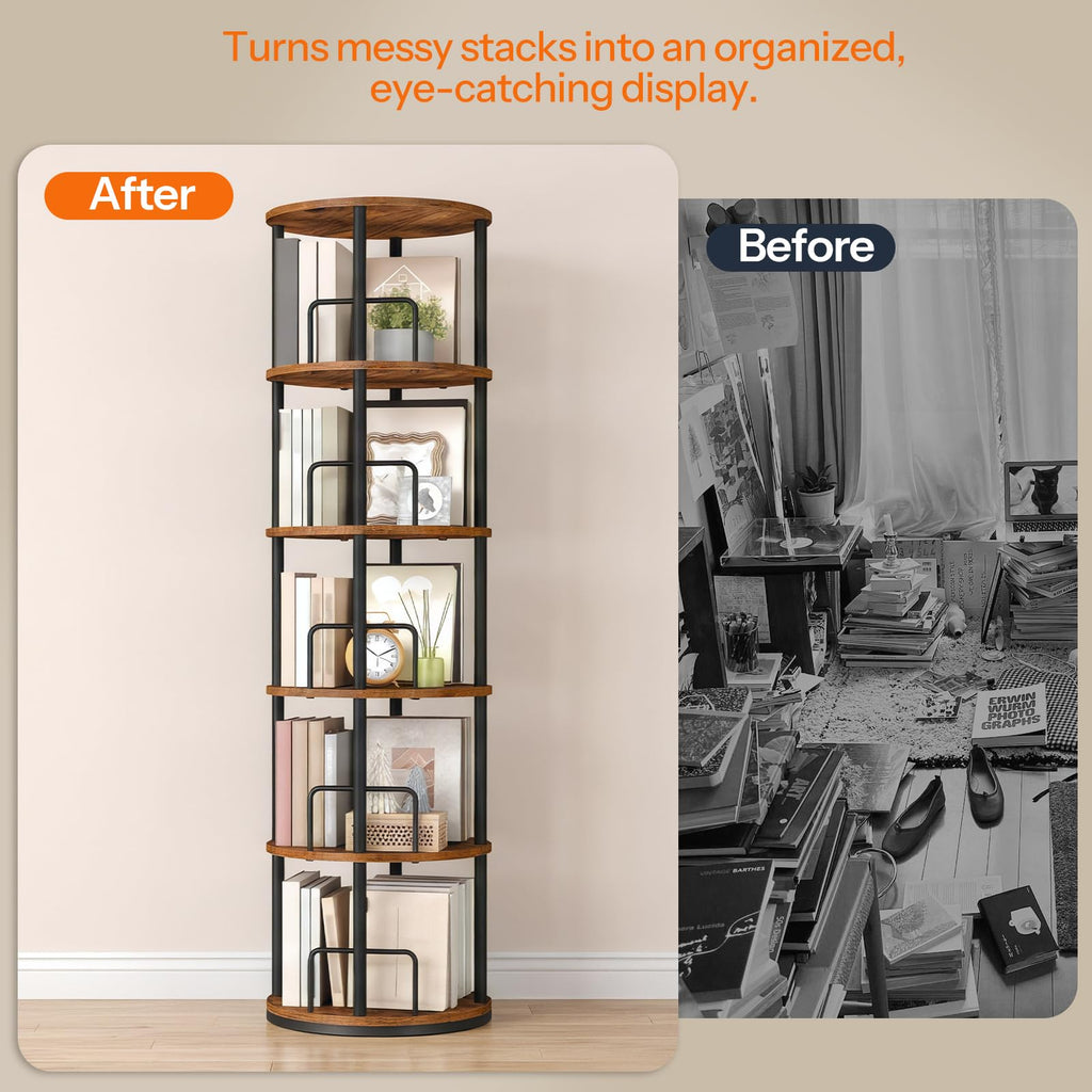 5-Tier Rotating Bookshelf, 360° Spinning Bookcase, Rustic Brown G451437