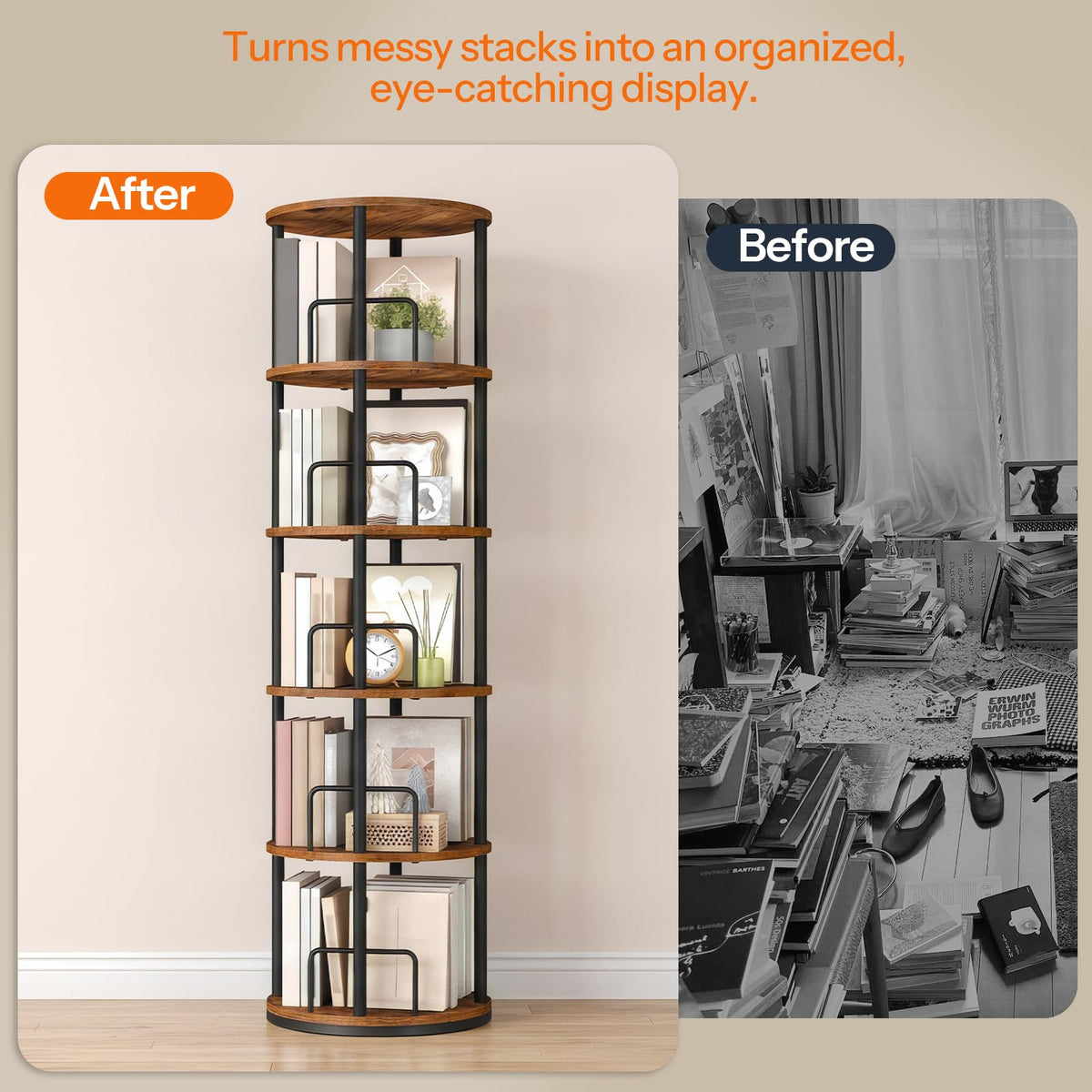 5-Tier Rotating Bookshelf, 360° Spinning Bookcase, Rustic Brown G451437
