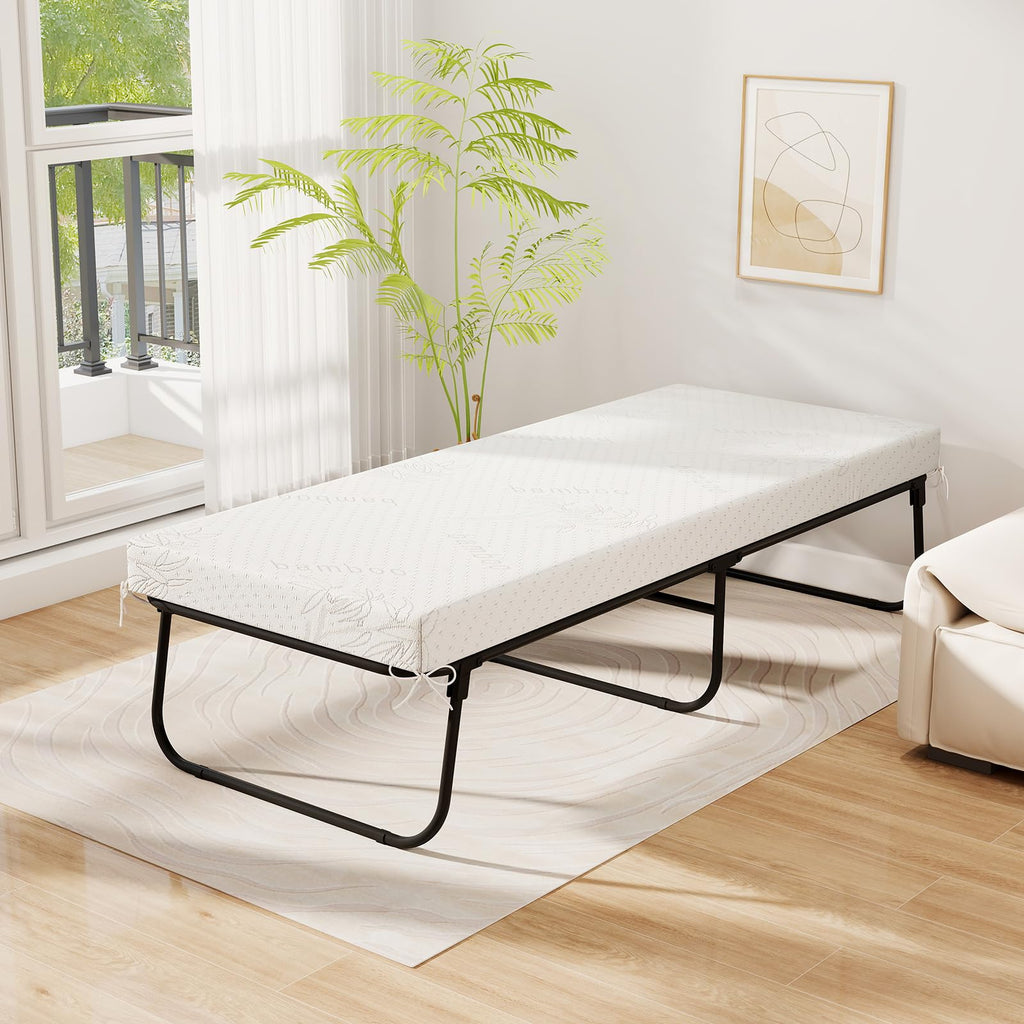 Folding Bed with Mattress Cot Size 75” x 31” Memory Foam Metal Frame Y416