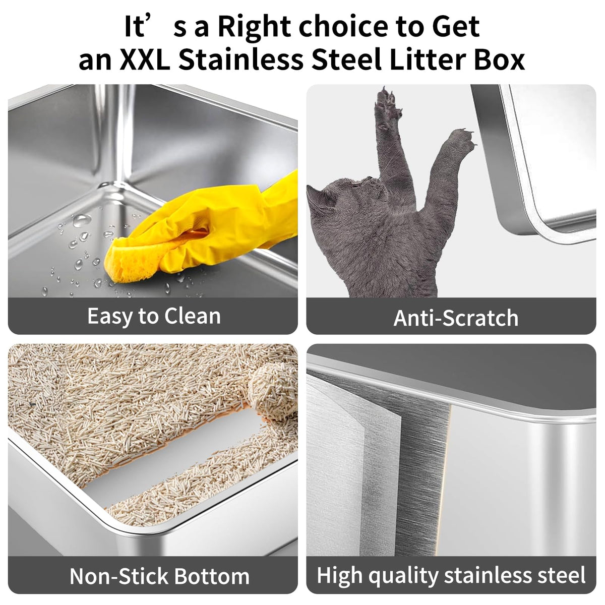 XXXL Stainless Steel Cat Litter Box with High Sides and Scoop J4639