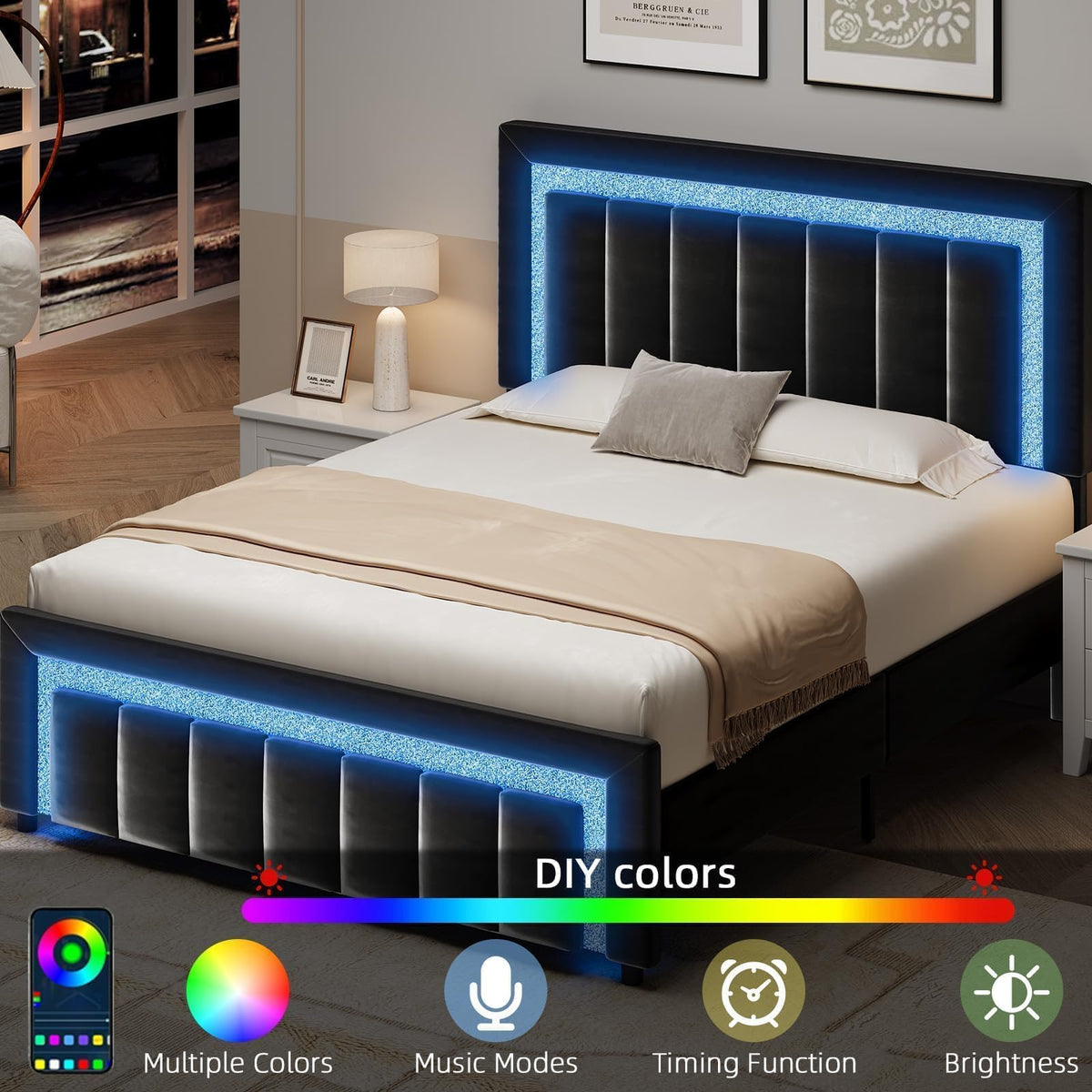 Full Size Velvet Upholstered Bed Frame with LED Lights J936
