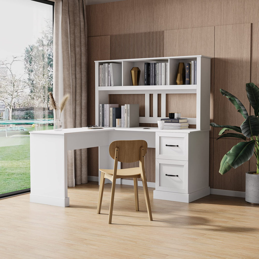 L Shaped Desk with Hutch, Drawer & Shelves, White Z41957
