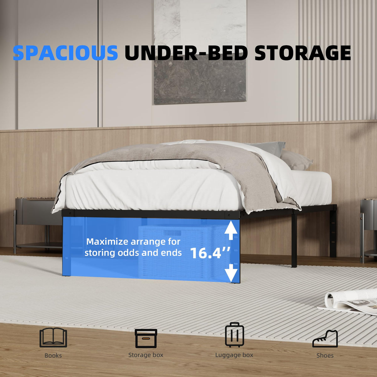 18 Inch Queen Size Metal Platform Bed Frame with Underbed Storage H770176
