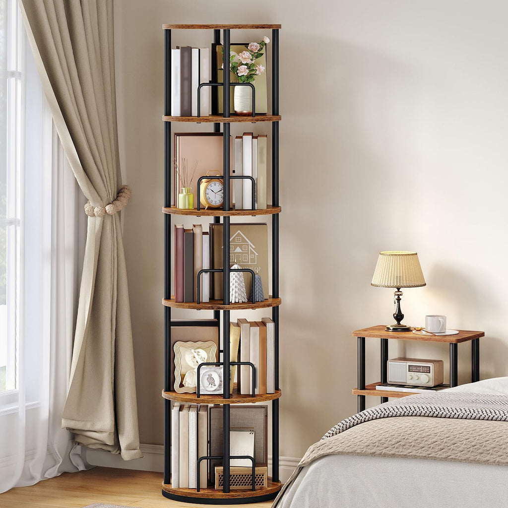 5-Tier Rotating Bookshelf, 360° Spinning Bookcase, Rustic Brown G451437
