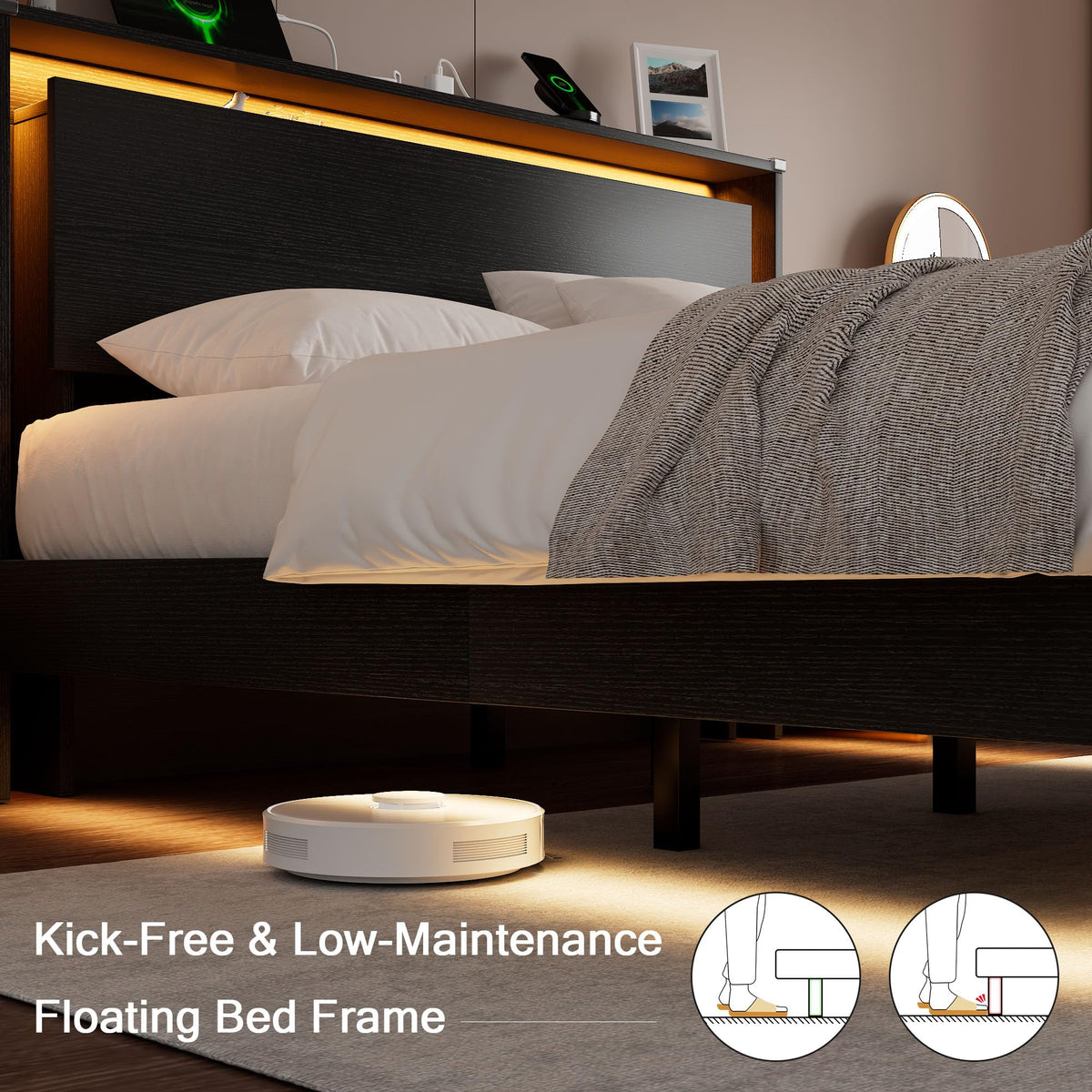 Full Size Wood Bed Frame with Storage Headboard and LED Lights I26231