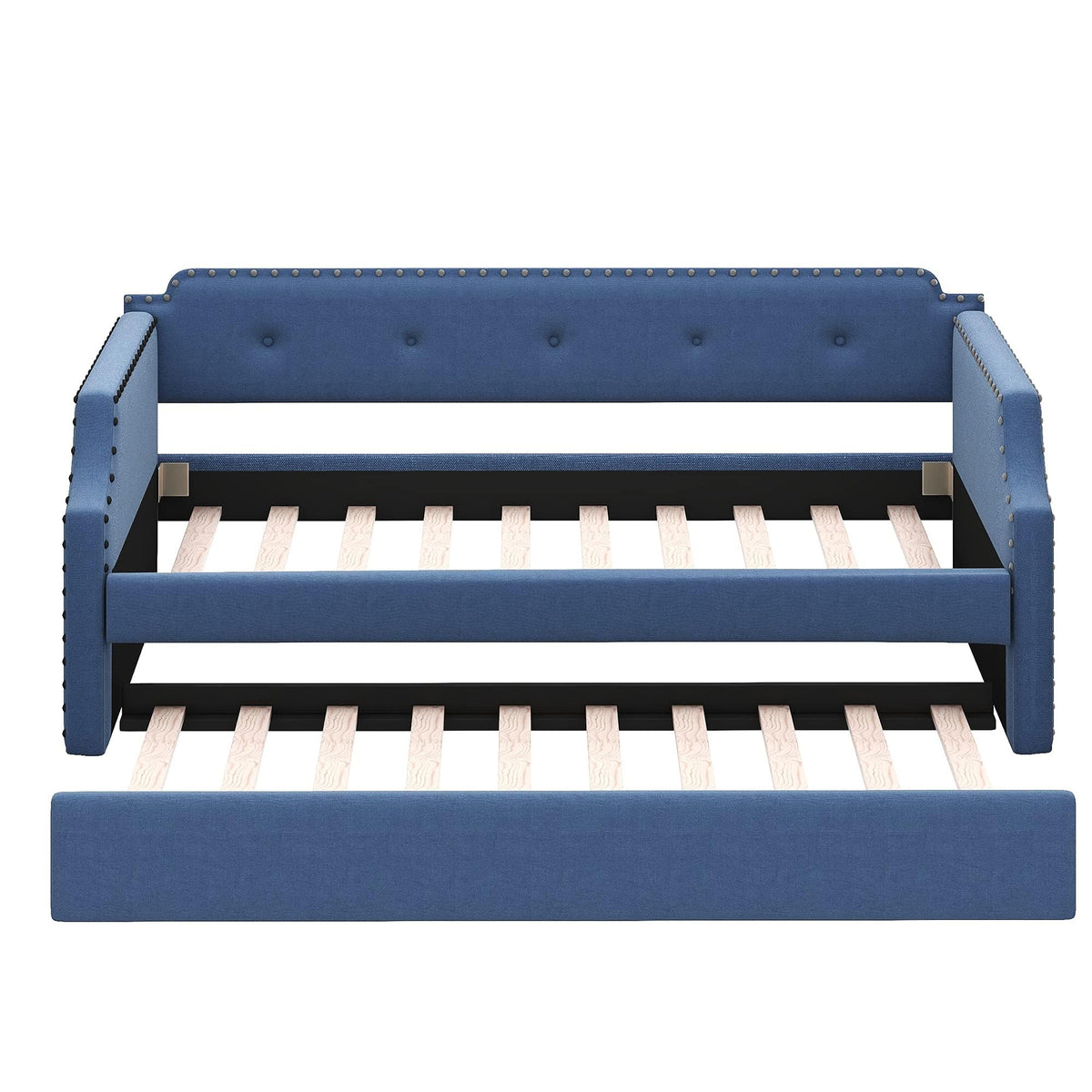 Blue Linen Fabric Upholstered Twin Daybed with Trundle M3889