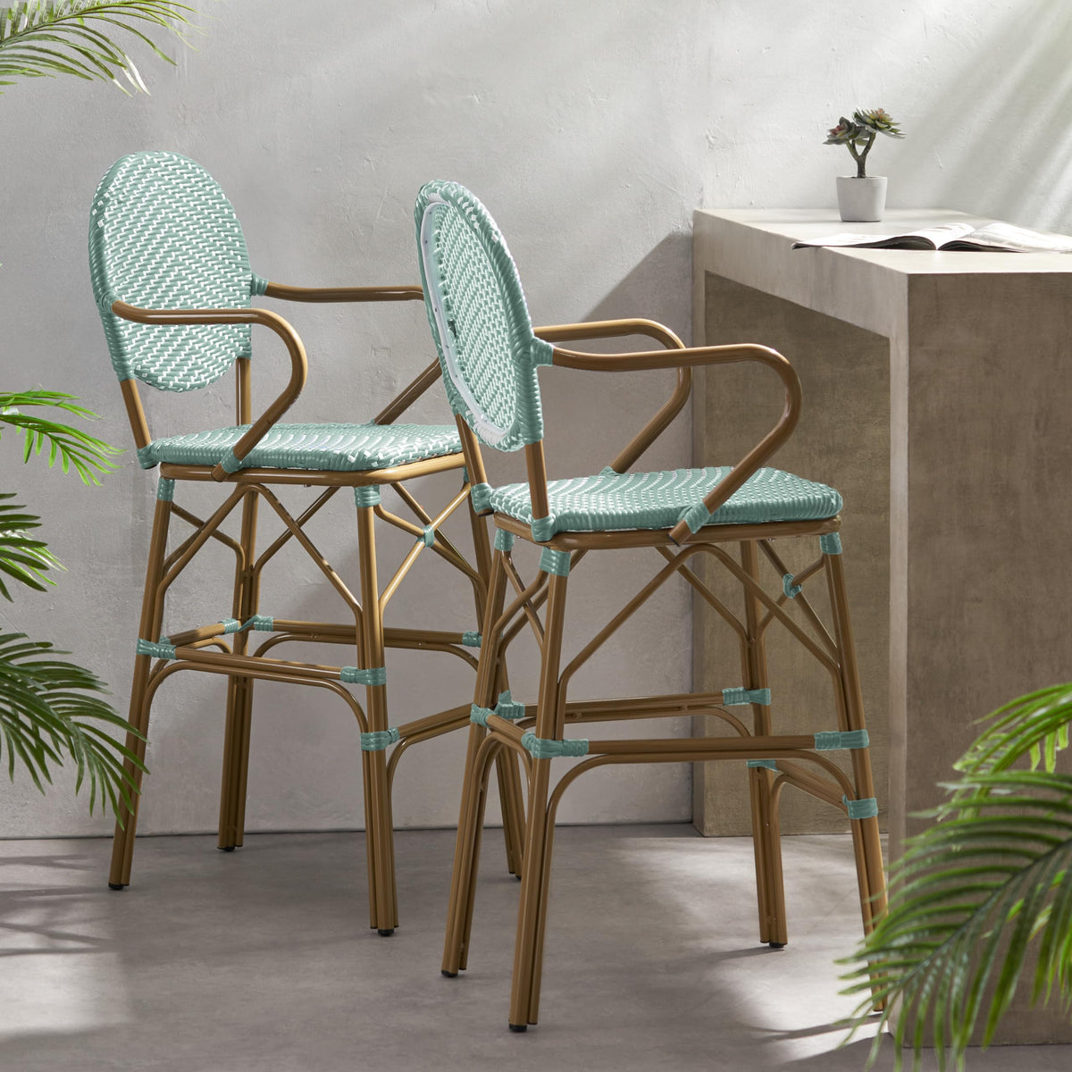 Teal Bamboo Print Wicker Aluminum Bar Stools Set of 2 D415141