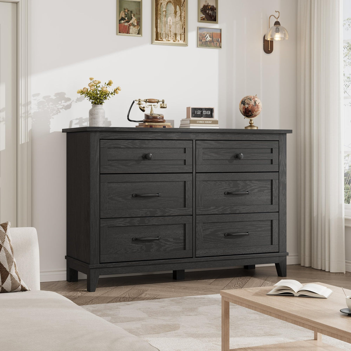 6 Drawer Wood Dresser Dark Black L555