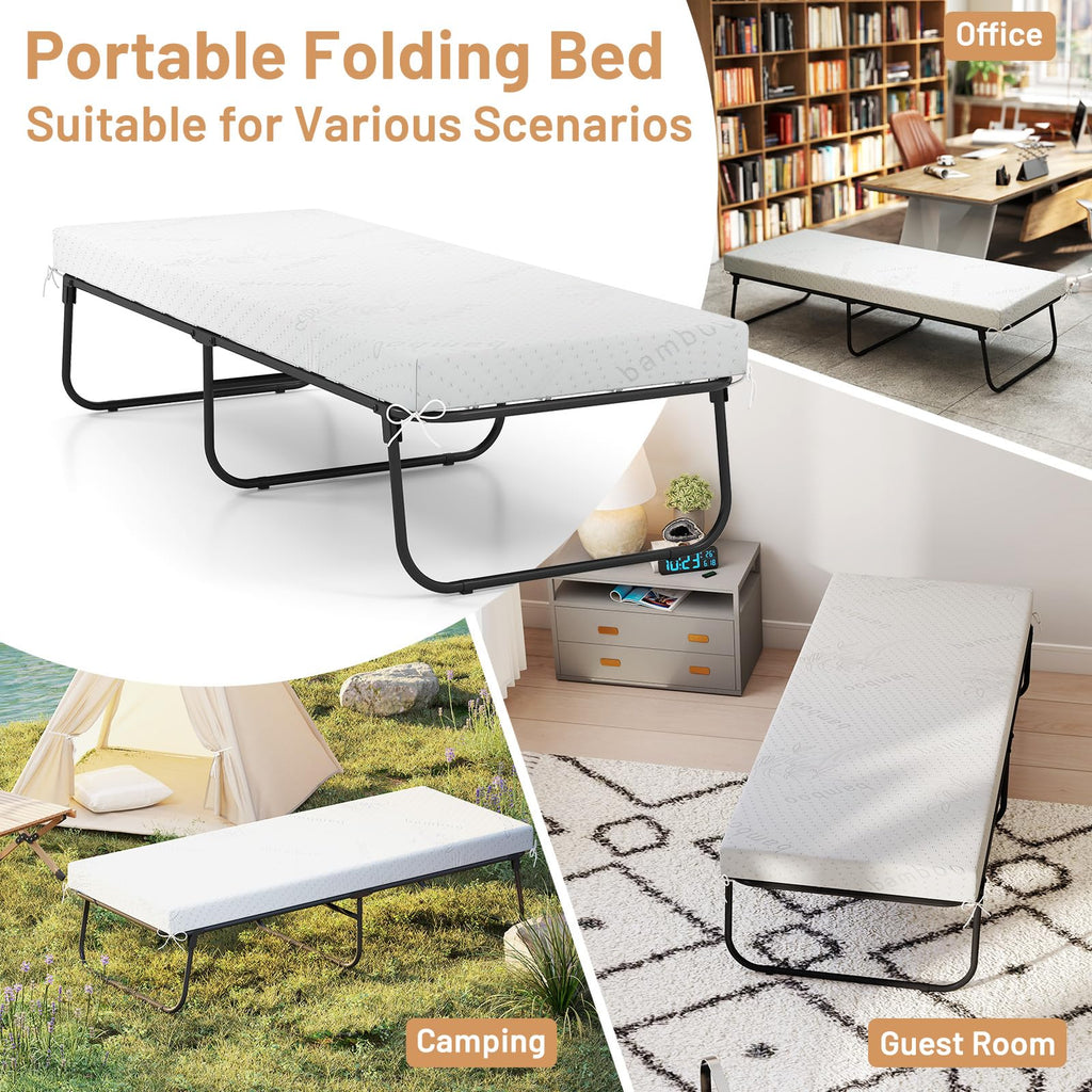 Folding Bed with Mattress Cot Size 75” x 31” Memory Foam Metal Frame Y416