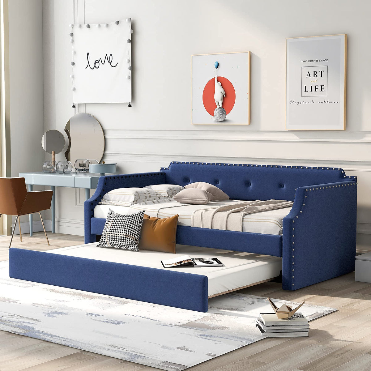 Blue Linen Fabric Upholstered Twin Daybed with Trundle M3889