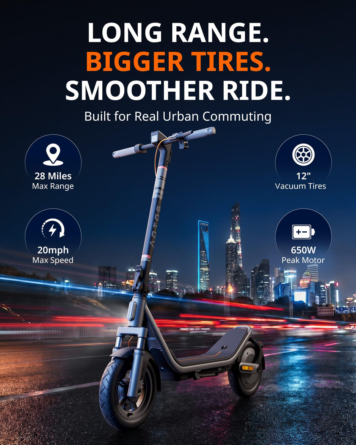 Electric Scooter for Adults, 20 MPH, 750W Peak Motor, 12" Tubeless Tires, Foldable O67796