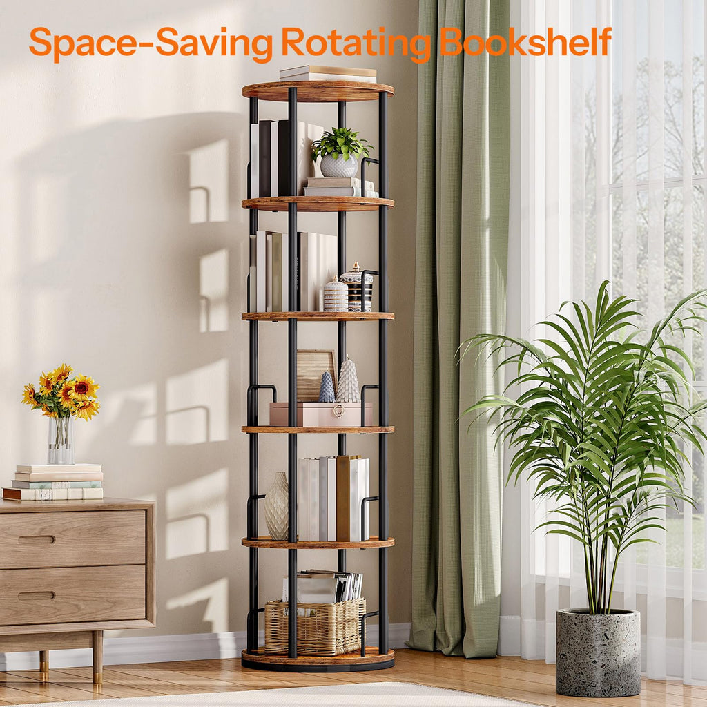 5-Tier Rotating Bookshelf, 360° Spinning Bookcase, Rustic Brown G451437