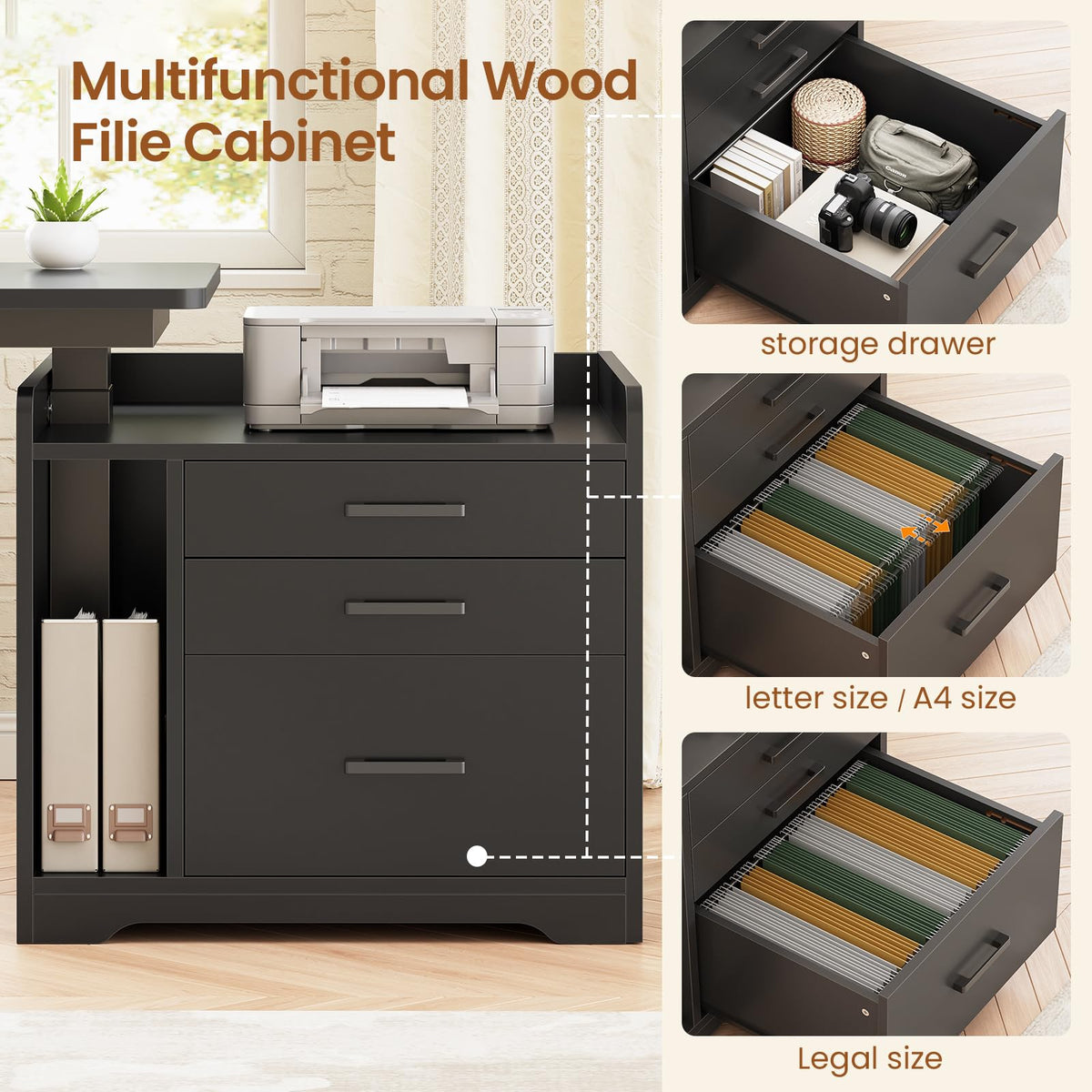 L Shaped Standing Desk with File Cabinet E1825