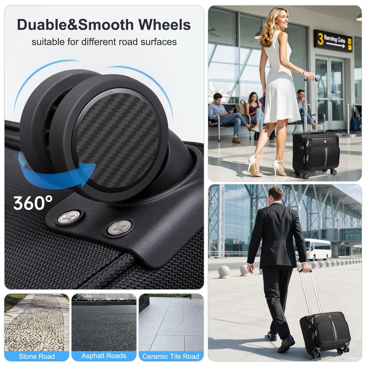 Black 16-Inch Underseat Carry-On Luggage with 4 Spinner Wheels D2322