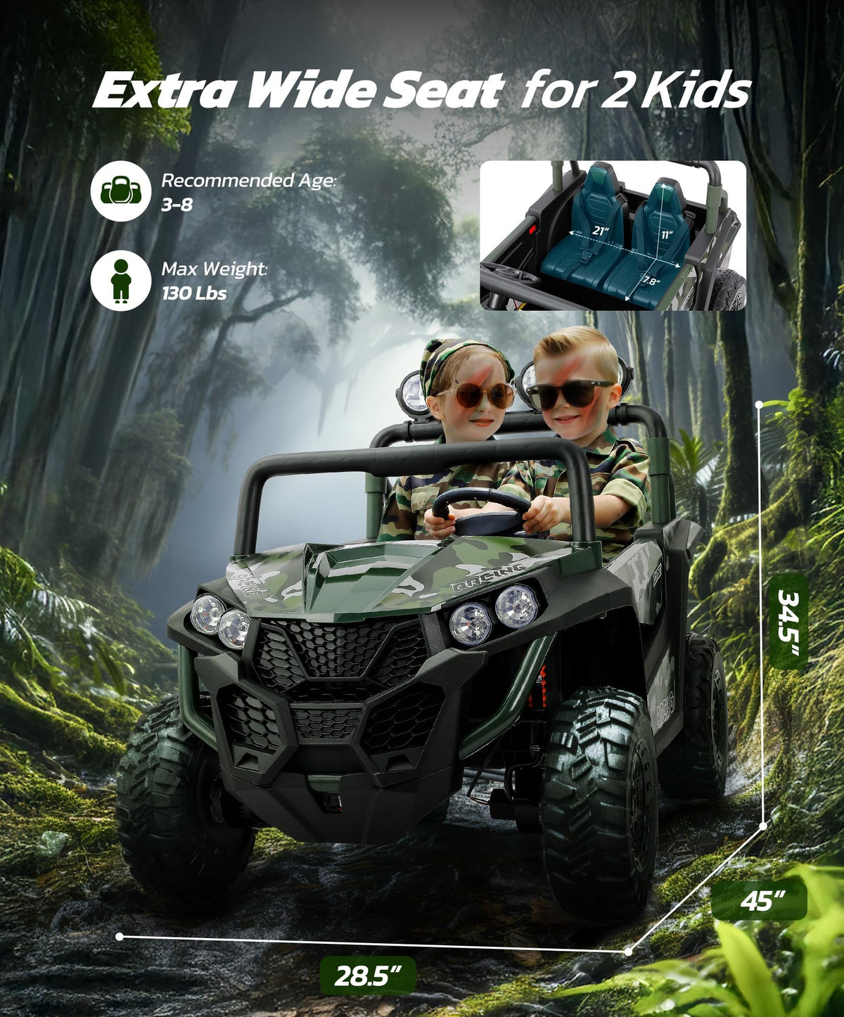 2 Seater 24V Battery Powered Ride on Car with Remote Control, Camouflage Green K637929