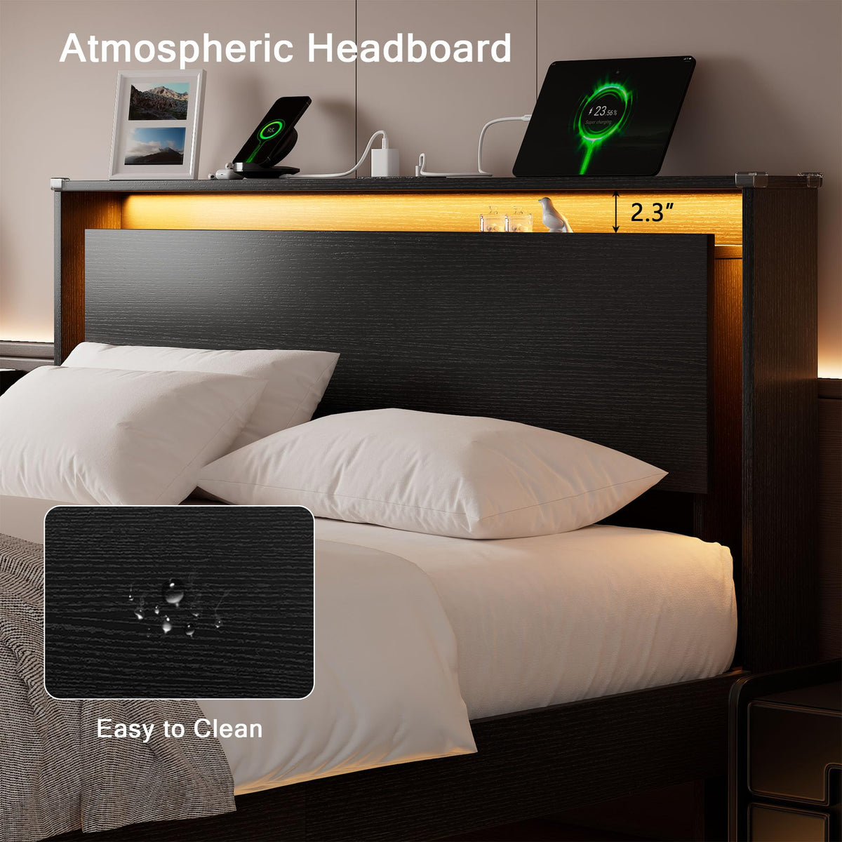 Full Size Wood Bed Frame with Storage Headboard and LED Lights I26231