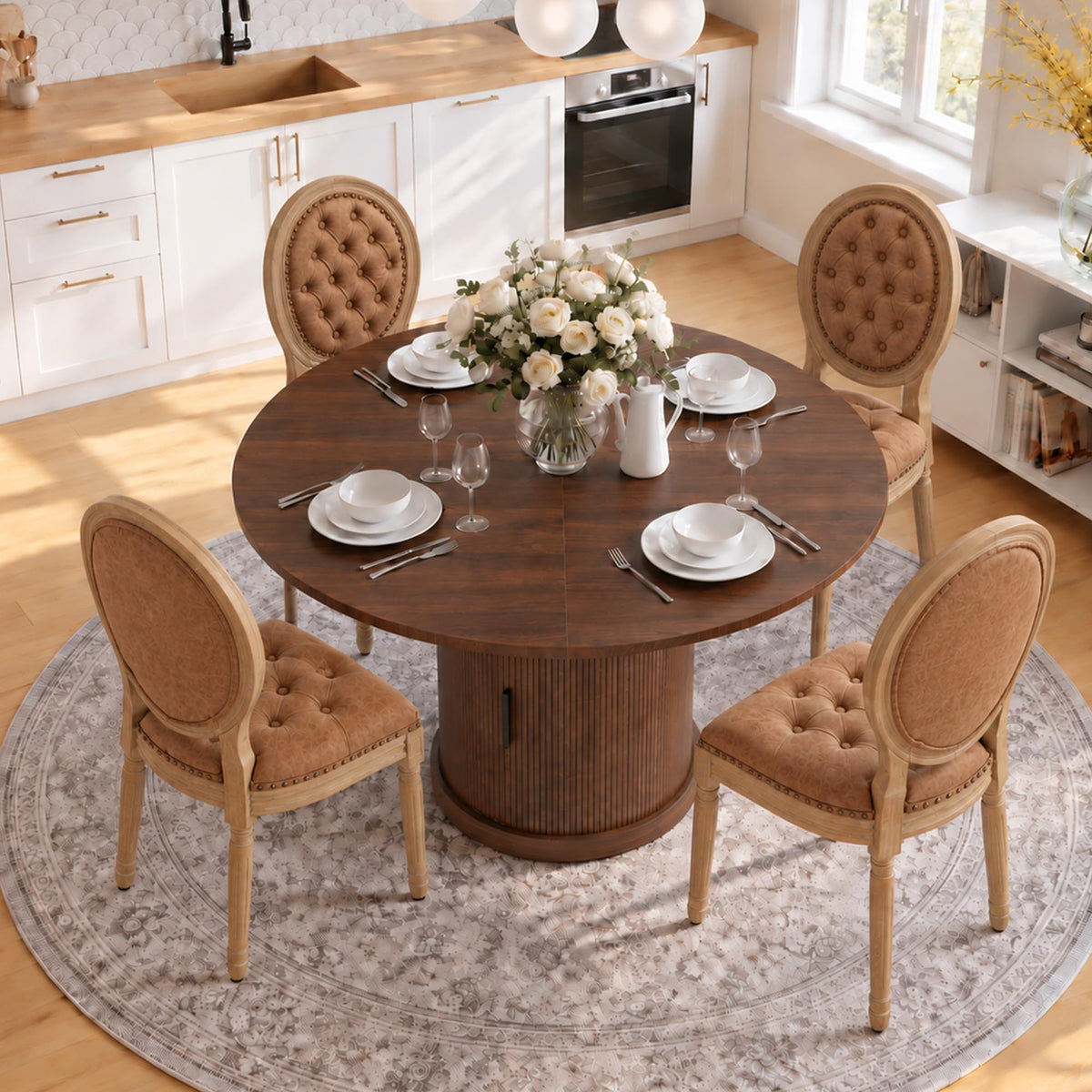 5-Piece Extendable Dining Set Walnut Table 4 PU Leather Chairs D16847