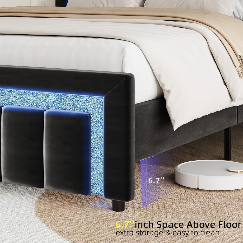 Full Size Velvet Upholstered Bed Frame with LED Lights J936