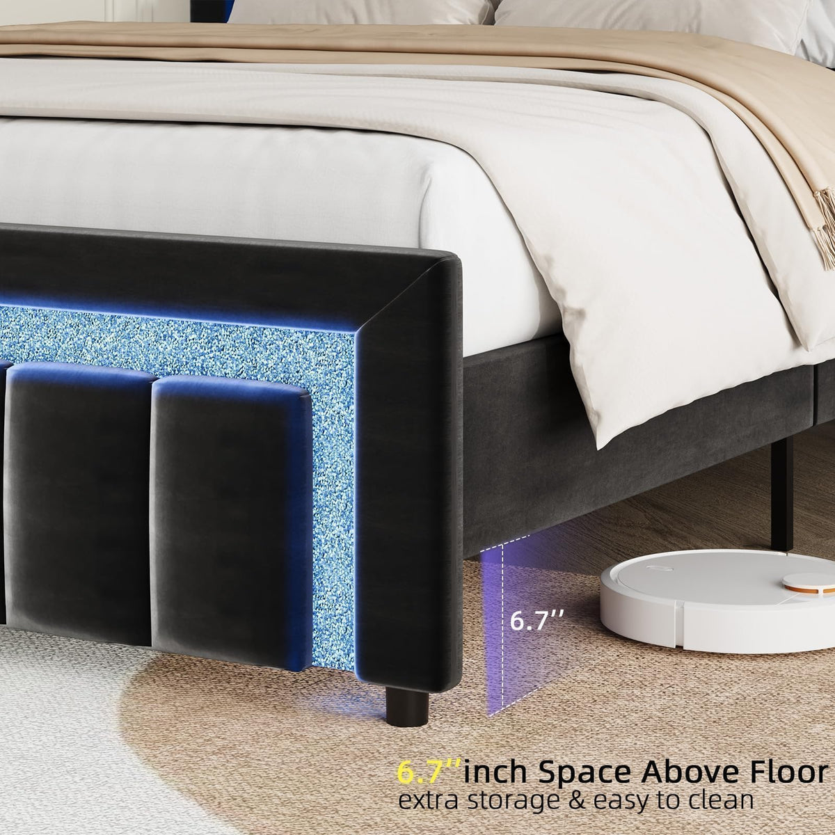 Full Size Velvet Upholstered Bed Frame with LED Lights J936