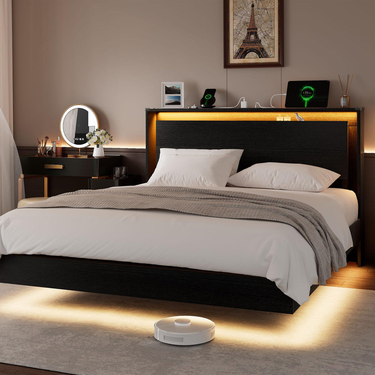 Full Size Wood Bed Frame with Storage Headboard and LED Lights I26231