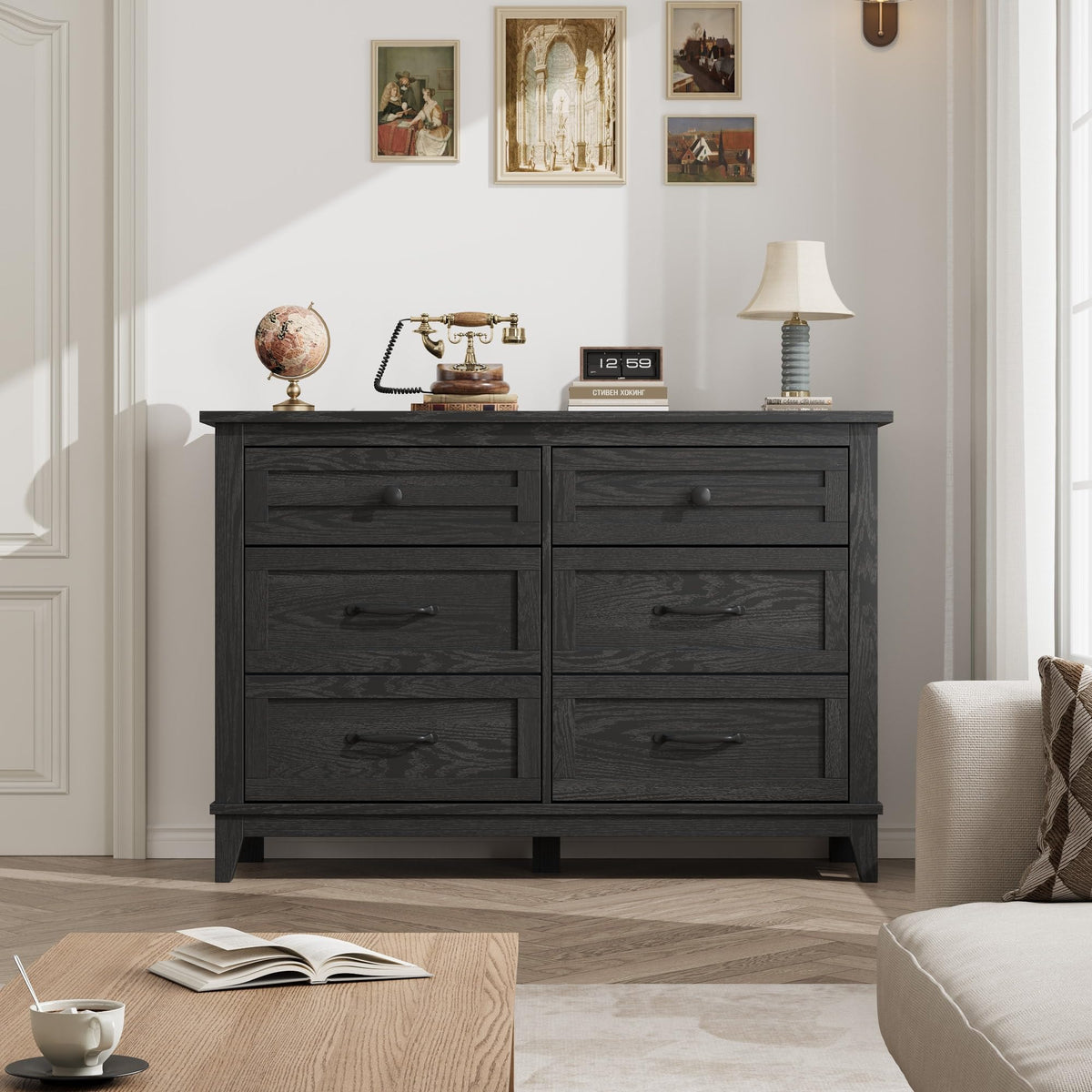 6 Drawer Wood Dresser Dark Black L555