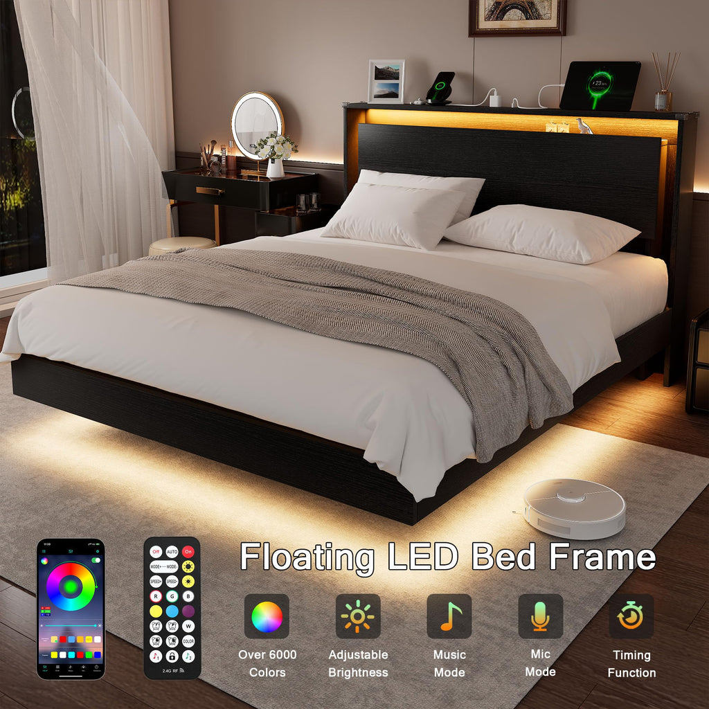 Full Size Wood Bed Frame with Storage Headboard and LED Lights I26231