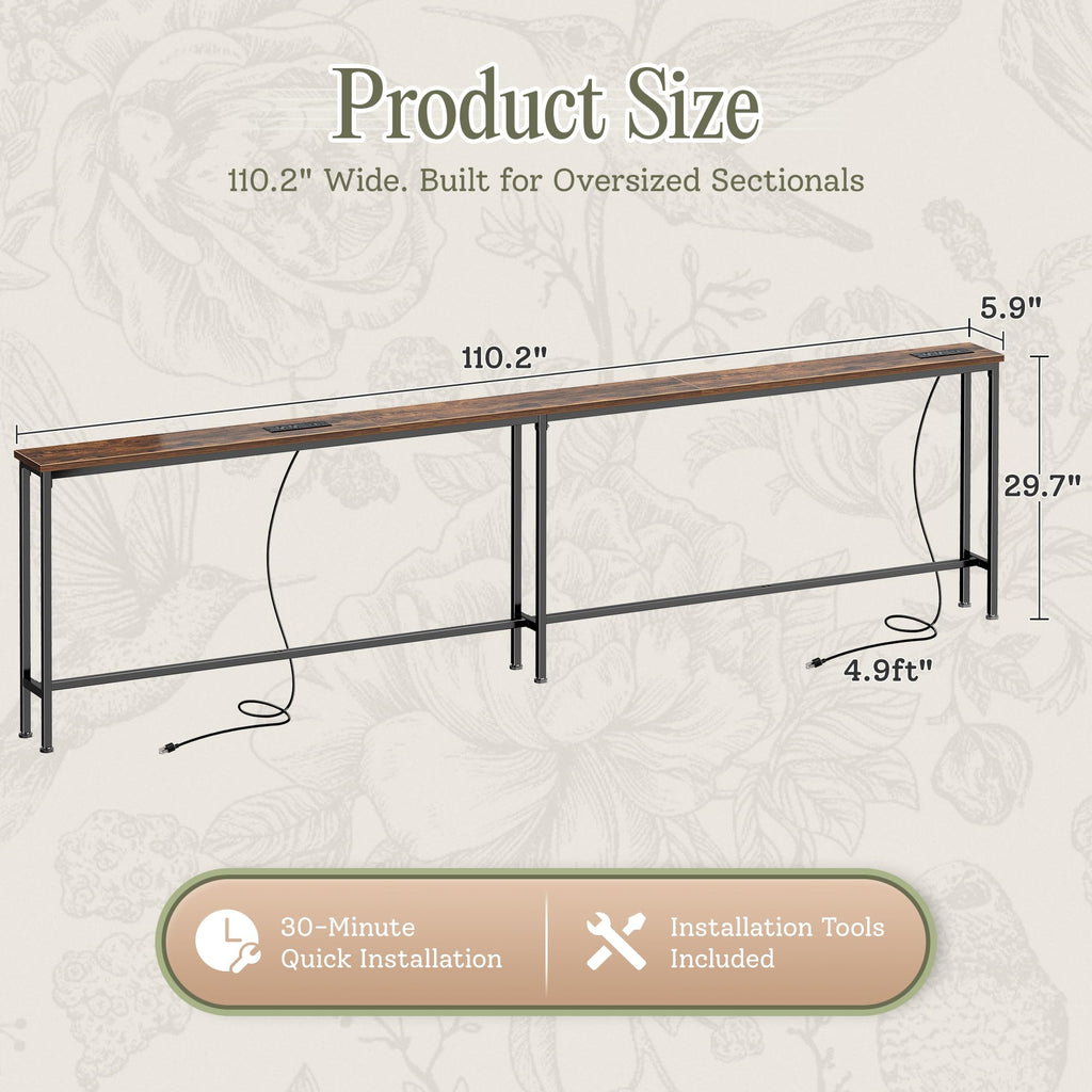 110.2 Inch Narrow Sofa Table with Power Outlets and USB-C Ports C90743