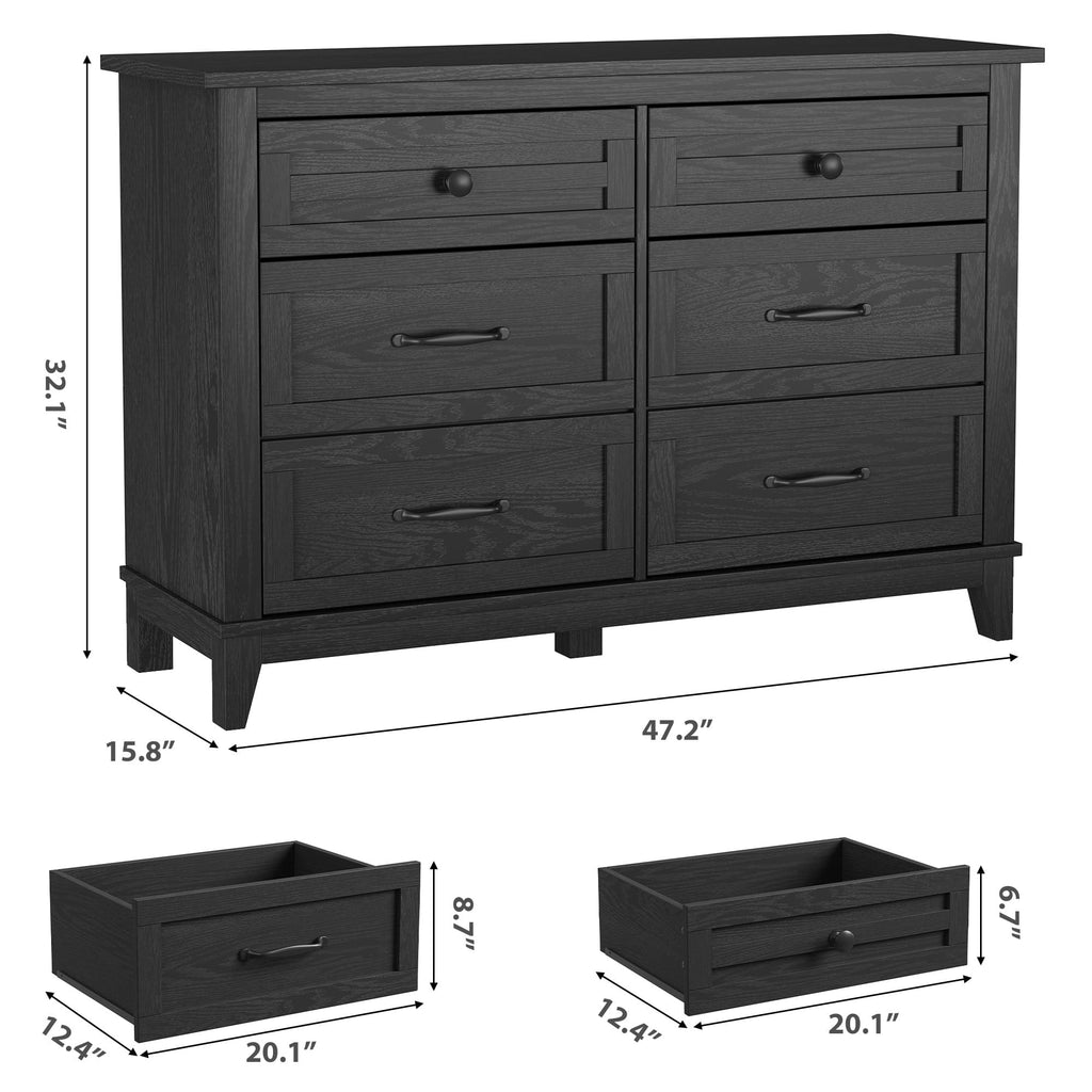 6 Drawer Wood Dresser Dark Black L555
