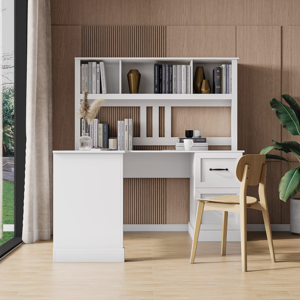 L Shaped Desk with Hutch, Drawer & Shelves, White Z41957
