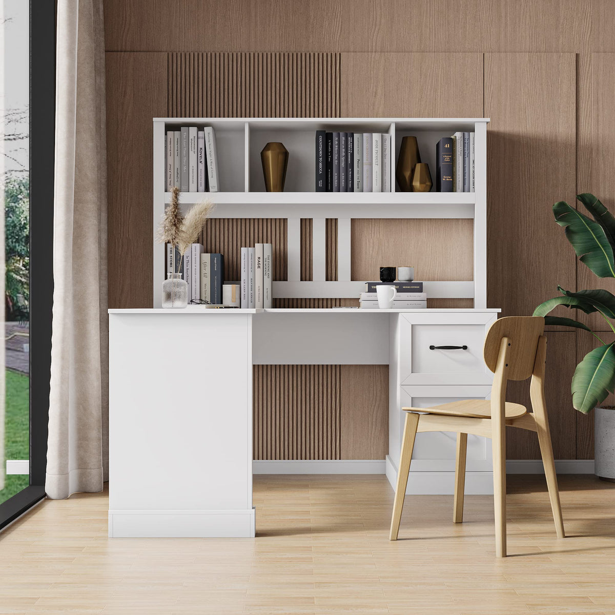 L Shaped Desk with Hutch, Drawer & Shelves, White Z41957