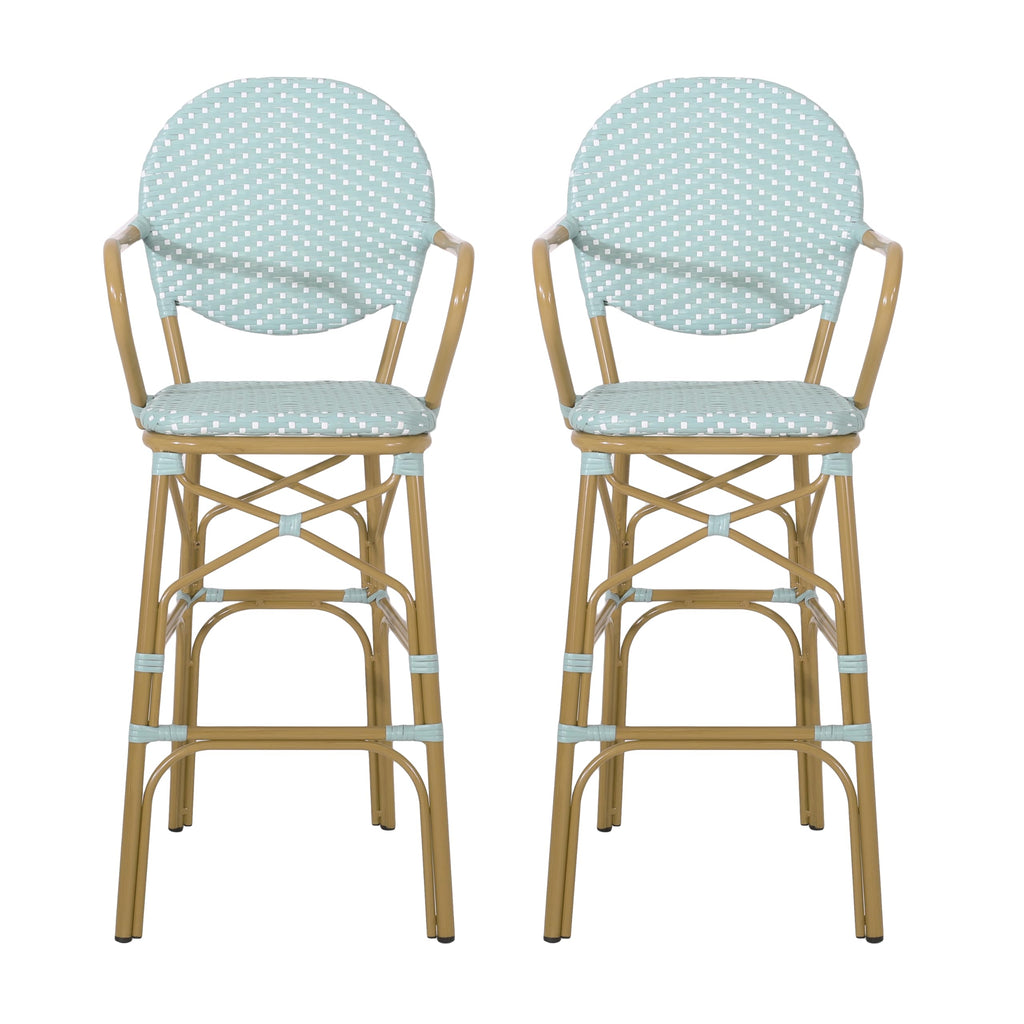 Teal Bamboo Print Wicker Aluminum Bar Stools Set of 2 D415141