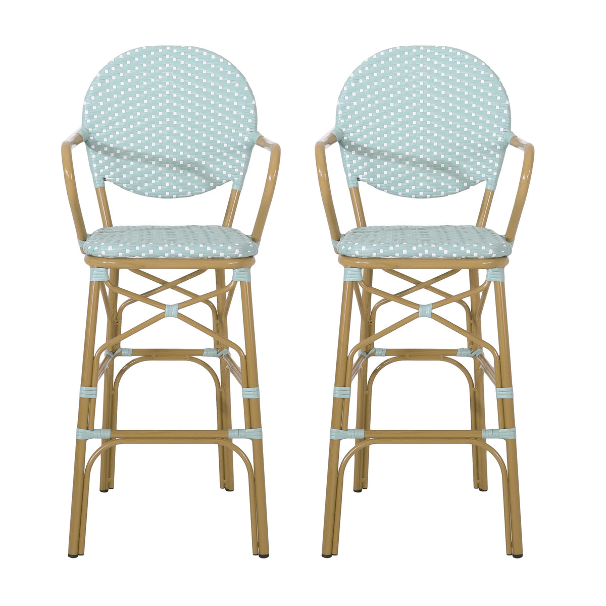 Teal Bamboo Print Wicker Aluminum Bar Stools Set of 2 D415141