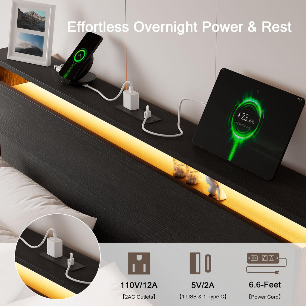 Full Size Wood Bed Frame with Storage Headboard and LED Lights I26231