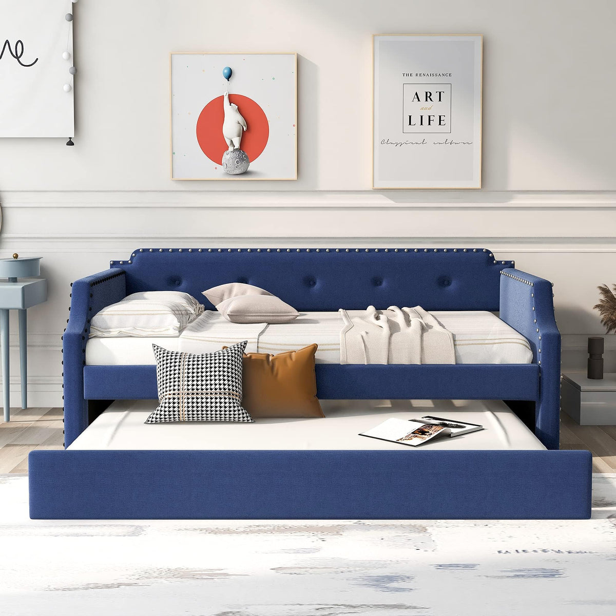 Blue Linen Fabric Upholstered Twin Daybed with Trundle M3889